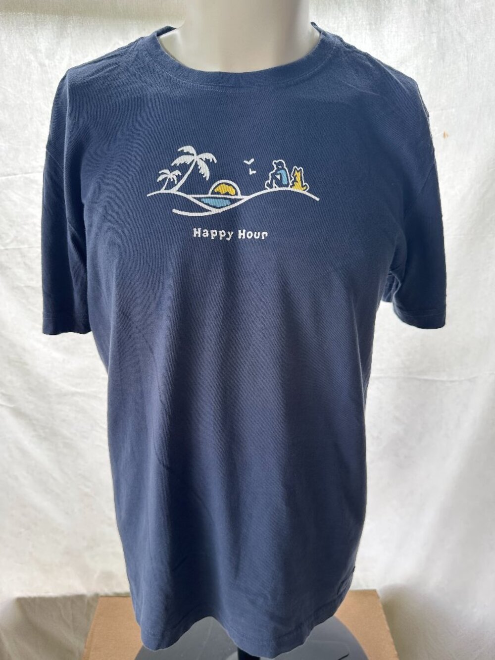 Life is Good Vintage Happy Hour Beach Sunset Men's Blue T Shirt Medium